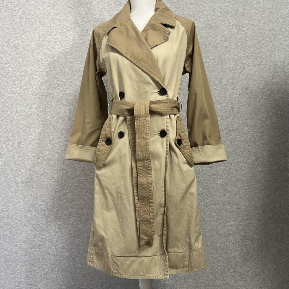 Free Assembly Trench Coat Womens XS Khaki Colorblock Double Breasted Belted - Picture 11 of 15